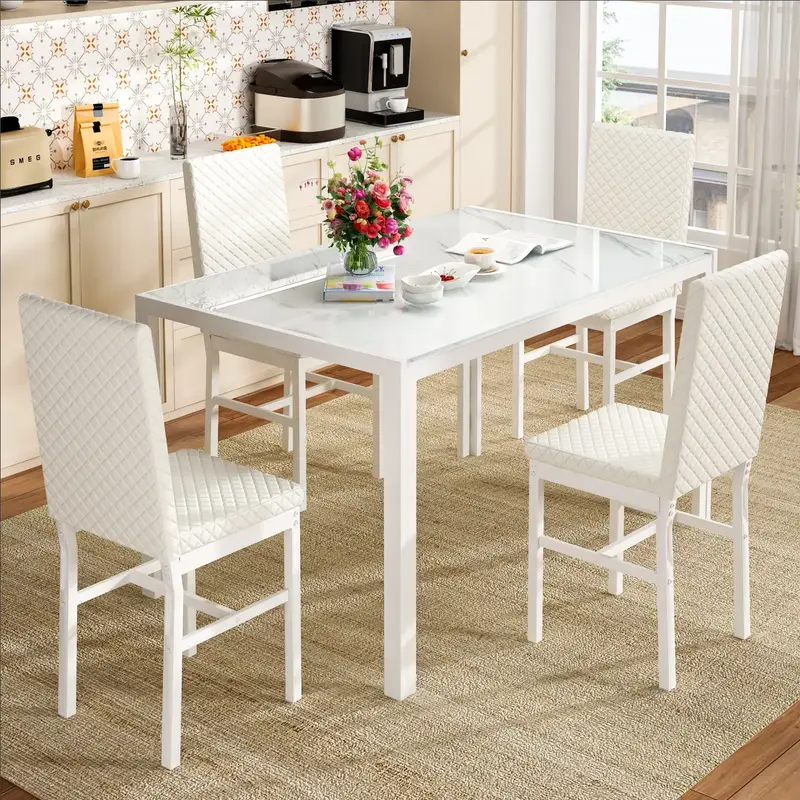 AWQM Dining Room Table Set for 4-5-Piece Kitchen Table & Chairs with Glass Top, Velvet Seat Chairs, White Heel Design, Ideal ...
