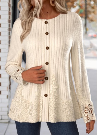 Modlily Beige Embroidery Long Sleeve Round Neck T Shirt - XXL