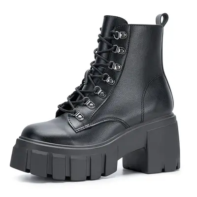 FITORY Womenâs Cowgirl Combat Boot, Lace-up Side Zipper for All Seasons, Black Ankle Boots High Heel Size 6-11