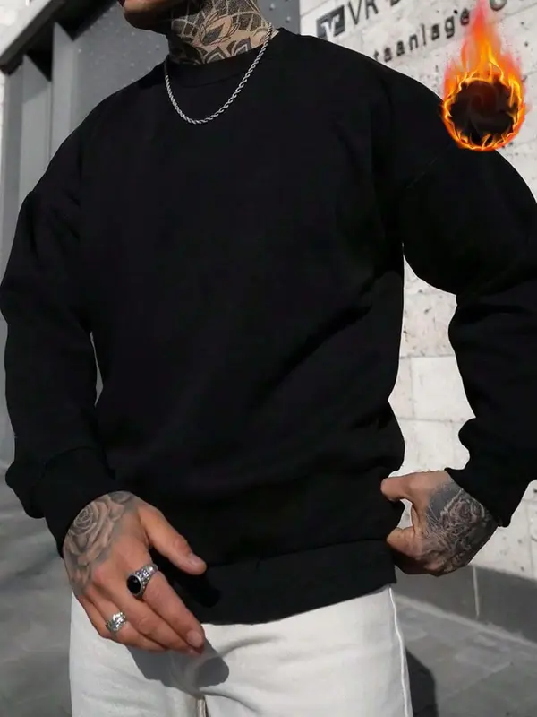 Unisex Men's Plain Round Neck Essentials Sweatshirt, Loose Fashion Drop Shoulder Longsleeves Pullover Tops, Drippy Outfits, G...