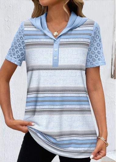 Modlily Light Blue Lace Striped Short Sleeve T Shirt - M