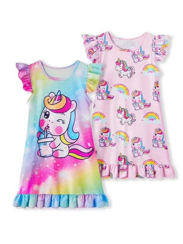 Girls' Rainbow Unicorn Print Nightgown Set, Loose-Fit Fly Sleeve Sleepwear Dress, Halloween Back-To-School Gift, All-Season C...