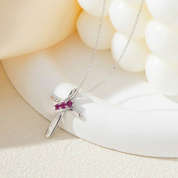 925 Sterling Silver Deep Pink Cubic Zirconia Cross Pendant Necklaces for Women