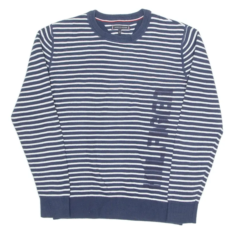 TOMMY HILFIGER Mens Patterned Jumper Blue Striped Tight Knit S