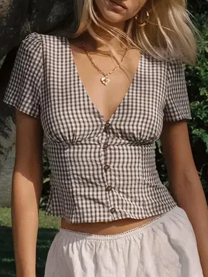 Women's Plaid Print V Neck Short Sleeve Blouse, Casual Curved Hem Top for Summer, Fashion Women's Top for Daily Wear