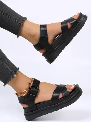 Women's Summer 2024 Fashionable Solid Color Criss Cross Strap Flatform Sandals, Casual Comfortable Wedge Sandals, Female A...