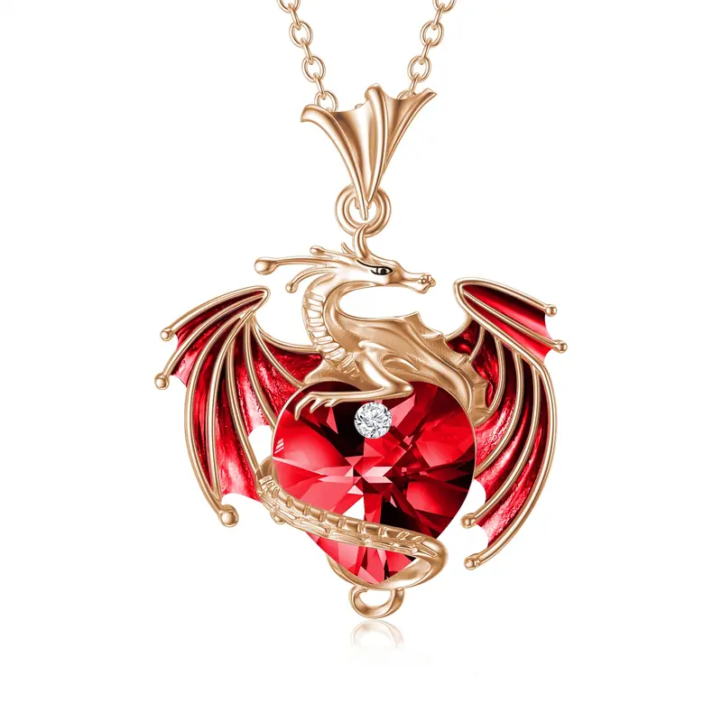 Sterling Silver with Rose Gold Plated Heart Shaped Crystal Dragon & Heart Pendant Necklace