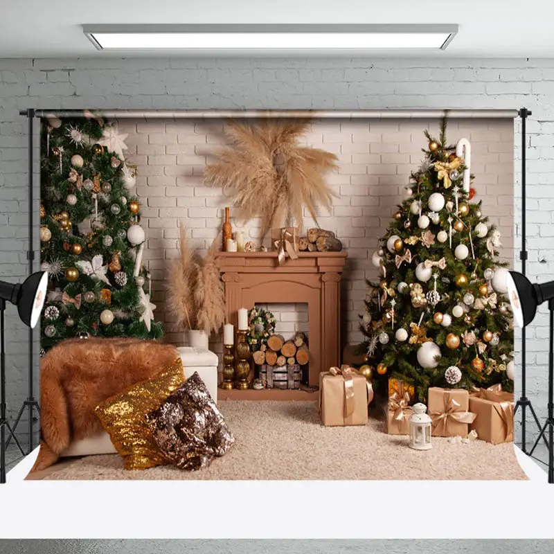 Boho Leather Wreath Brick Wall Christmas Backdrop - Aperturee