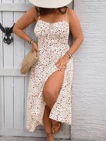 【Plus Size】 Floral Print Cami Dress, Boho Sleeveless Spaghetti Strap Long Dress for Beach Holiday Vacation, Women's Cloth...