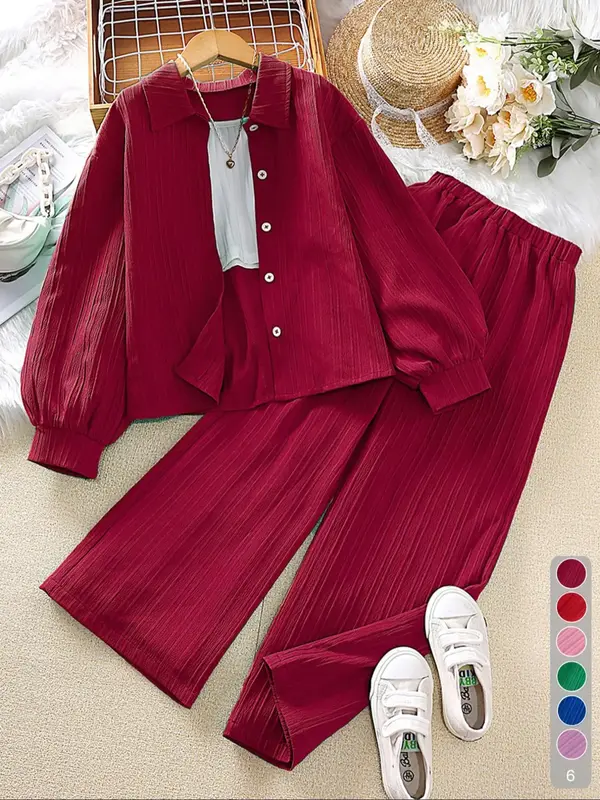 Two-Piece Set Girl's Solid Textured Button Front Shirt & Elastic Waist Pants Set, Casual Bishop Sleeve Collared Top & Trouser...