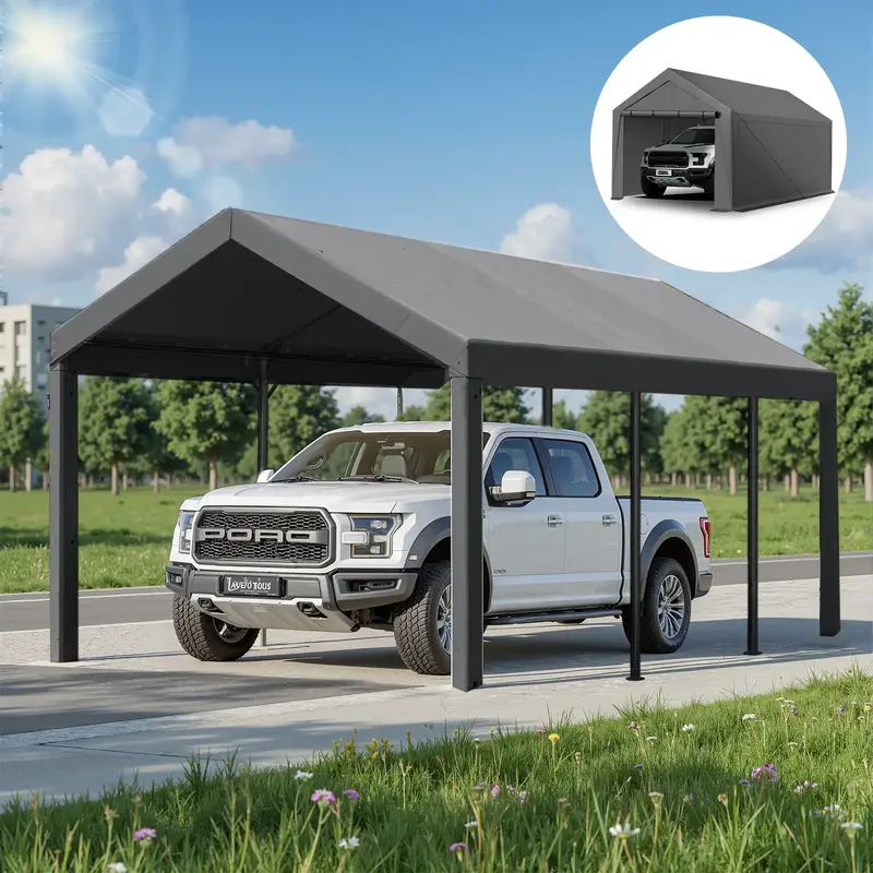 Grezone Heavy-Duty 10x20 ft Carport with Steel Frame Removable Sidewalls Doors All-Season Tarp for Vehicle Storage Outdoor Ac...
