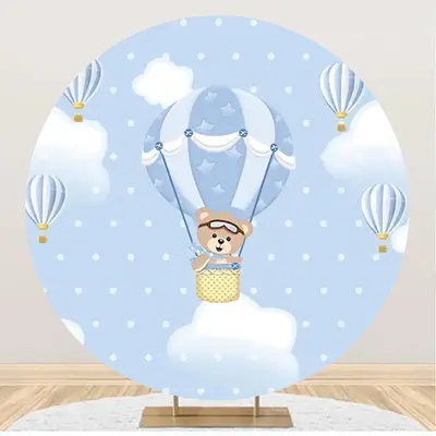 Bear Blue Air Balloon Dot Round Baby Shower Backdrop - Aperturee