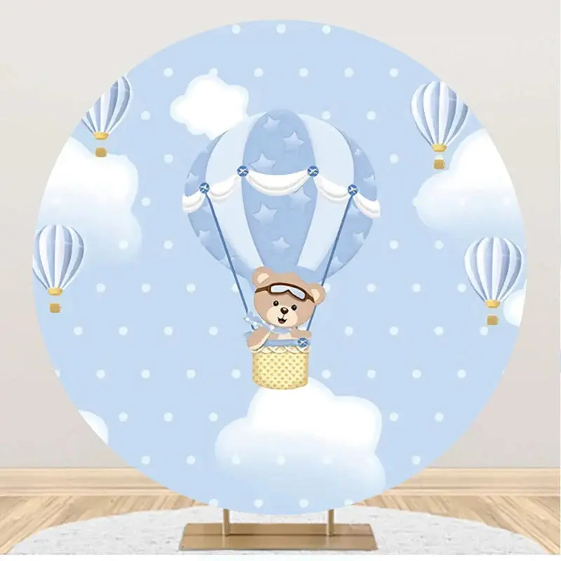 Bear Blue Air Balloon Dot Round Baby Shower Backdrop - Aperturee