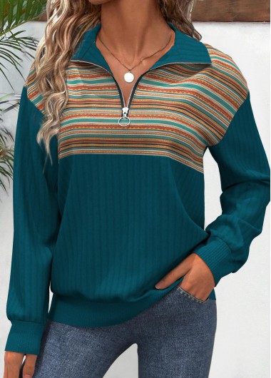 Modlily Turquoise Patchwork Multi Stripe Print Long Sleeve Sweatshirt - XXL
