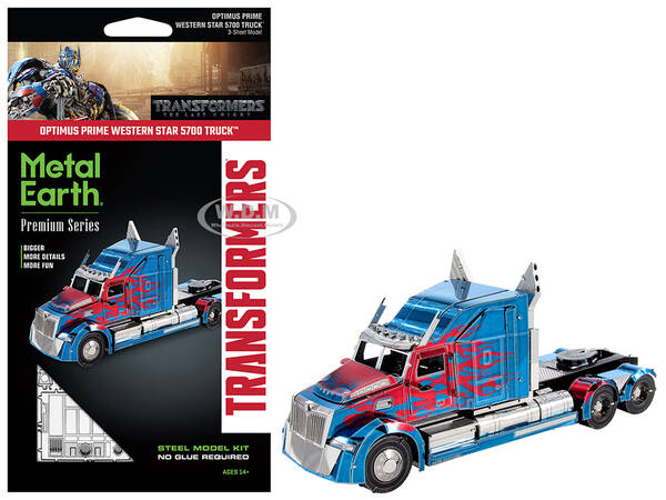 Model Kit Western Star 5700 Truck Optimus Prime Blue with Red Flames Transformers: The Last Knight (2017) Movie (Moderate Dif...