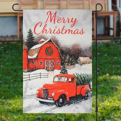Red House Truck Snowy Merry Christmas Garden Flag - Aperturee