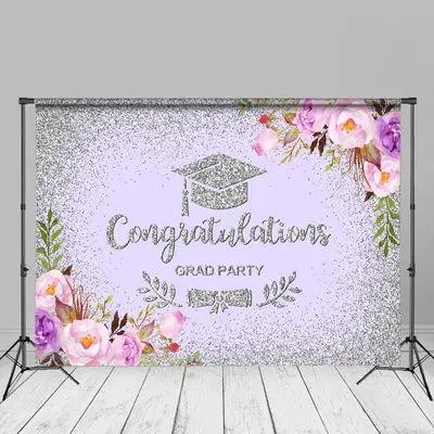 Purple Floral Silver Congrats Grad Party Backdrop - Aperturee