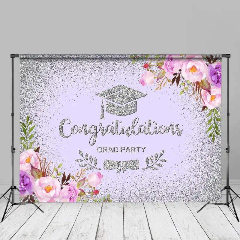 Purple Floral Silver Congrats Grad Party Backdrop - Aperturee