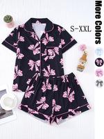 Women's All Over Bow Print Contrast Binding Lapel Shirt & Elastic Waist Shorts Pyjama, Casual Comfy Short Sleeve Pocket Top &...