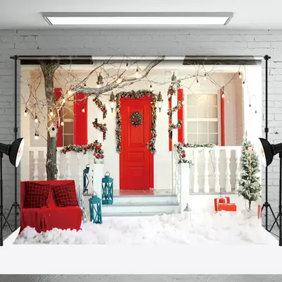 Aperturee Snowy White Red Porch Festive Christmas Backdrop