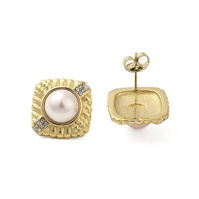 304 Stainless Steel Shell Pearl Square Stud Earrings for Women