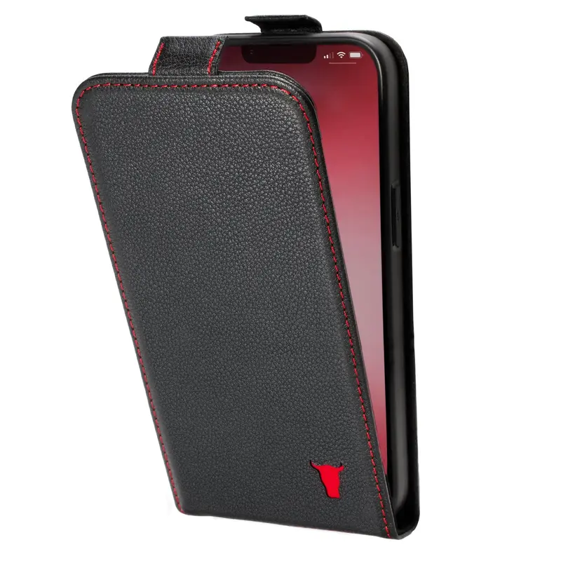 Apple iPhone 13 Leather Flip Case (MagSafe Charging) - Black with Red Detail