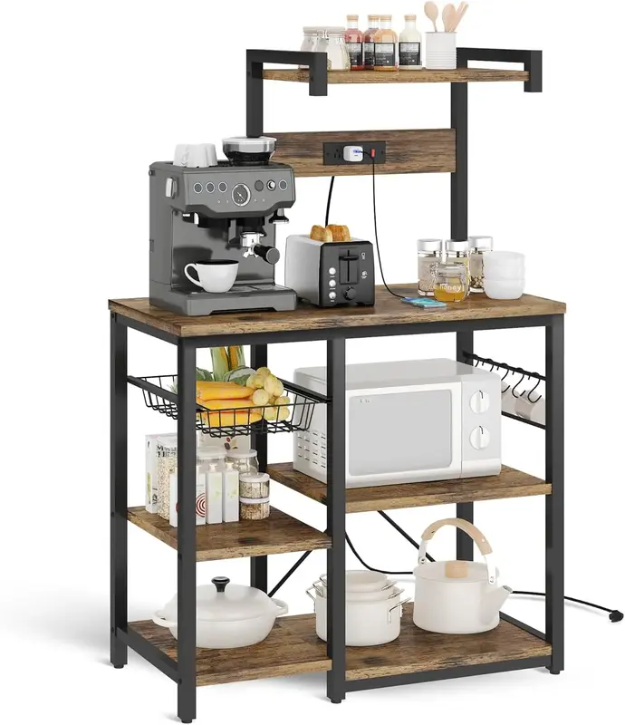 Recaceik Bakers Rack,Microwave Stand with Wooden Standing Coffee Bar with Power Outlet Switch,Wire Basket Organiser with Hook...