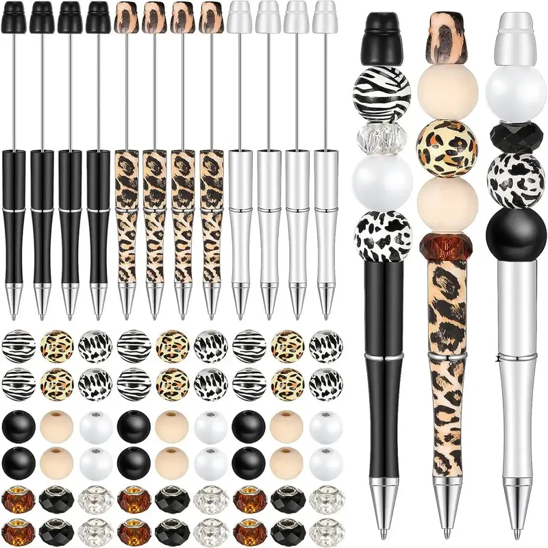 Round Ball Pen Set (56pcs), Including 8 Counts Round Ball Pens & 36pcs Wooden Beads & 12pcs Crystal Spacers, DIY Jewelry Maki...