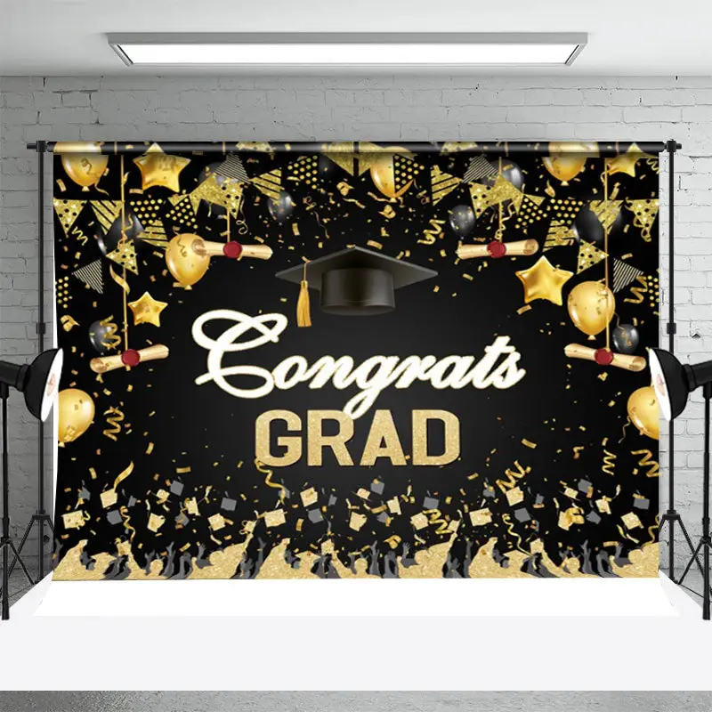 Golden Balloon Student Ribbon Graduation Backdrop - Aperturee