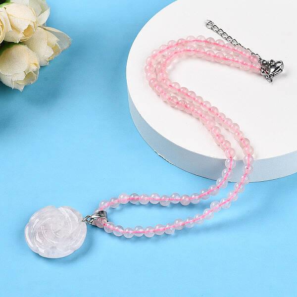 Natural Rose Quartz 4.5mm Round Beaded Flower Pendant Necklaces