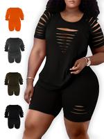 【Plus Size】 Two-piece Set Solid Shortsleeve Cut Out Top & Skinny Shorts, Casual Fashion Fitted Cozy Breathable Outfits fo...