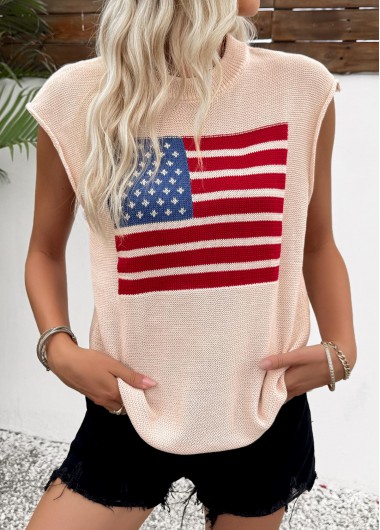 Modlily Beige American Flag Print Sleeveless Round Neck Tank Top - S