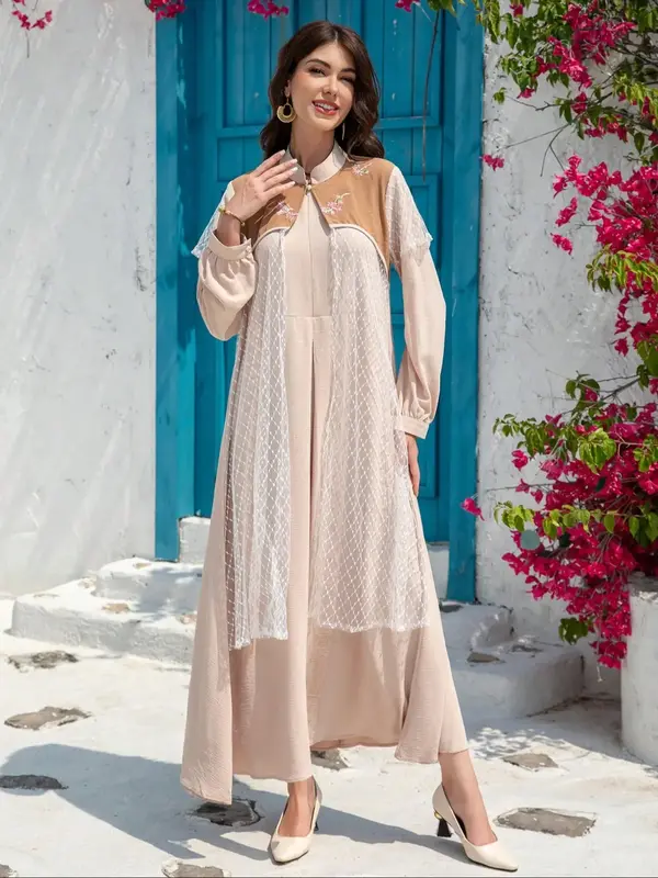 Women's Casual Patchwork Long Sleeve Dress, Loose-Fit Woven Fabric, All-Season Fashionable Design, Moderate Thickening