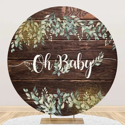 Oh Baby Greenery Wood Round Gender Reveal Backdrop - Aperturee
