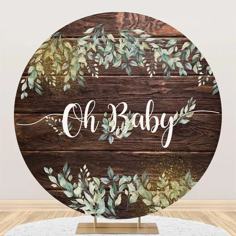 Oh Baby Greenery Wood Round Gender Reveal Backdrop - Aperturee