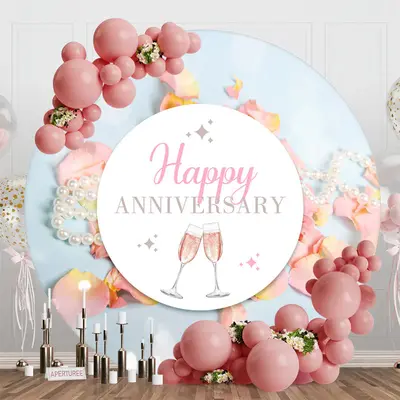 Pearls Pink Petals Bokeh Round Anniversary Backdrop