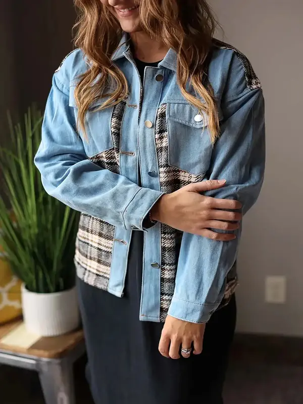 Plus Size Women's Denim Jacket, Loose Casual Versatile Design, Slimming Color Block Style for Effortless Everyday Fashion