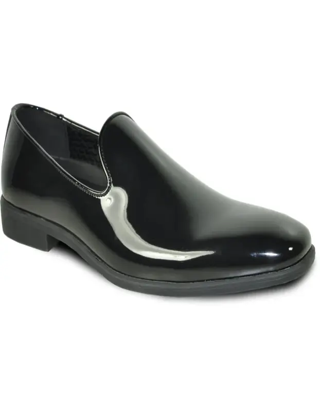 MENS CLASSIC PLAIN TOE SLIP ON PATENT LOAFER TUXEDO SHOE IN BLACK
