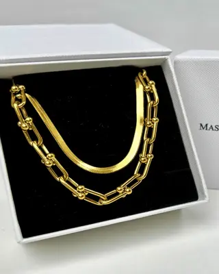 18K Gold Herringbone Chain + Link Chain Necklace Stack Bundle