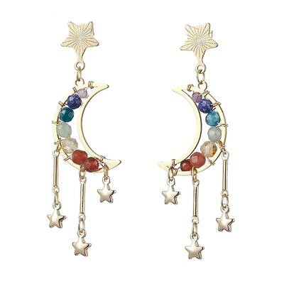 Chakra Moon Copper Wire Wrapped Gemstone Stud Earring