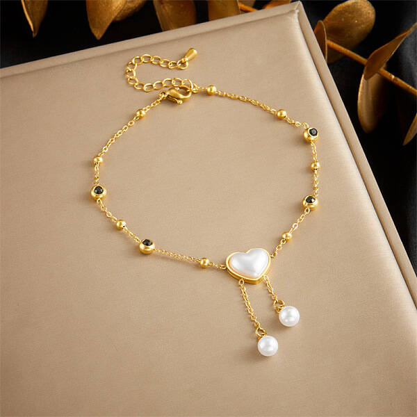 304 Stainless Steel Rhinestone & Plastic Pearl Charm Double Layer Anklets for Women