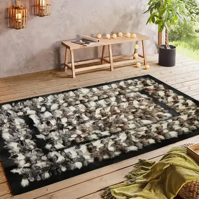Brown & White Fox Fur Rug with Black Border
