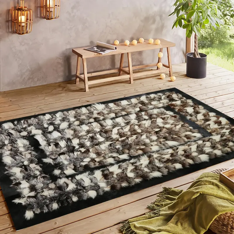 Brown & White Fox Fur Rug with Black Border