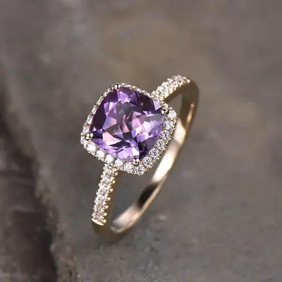 Purple Amethyst Diamond Halo Engagement Ring Cushion Cut