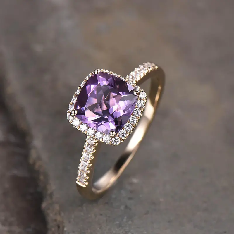 Purple Amethyst Diamond Halo Engagement Ring Cushion Cut