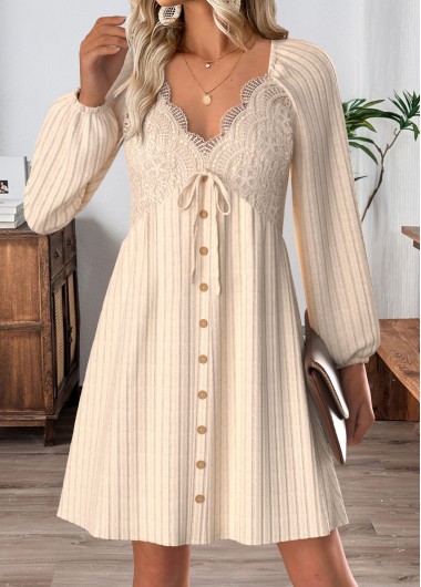 Modlily Beige Tummy Coverage Short Long Sleeve V Neck Dress - XXL