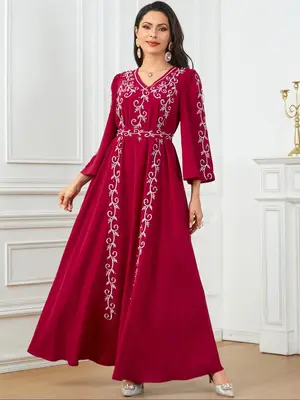 Arabic Clothing-Embroidered Faux Pearls Decor Belted Dress, Elegant V Neck Flounce Sleeve A Line Dress, Women's Islamic Clot...