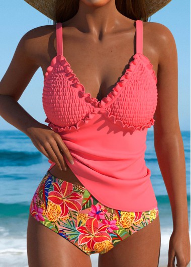 Modlily Mid Waisted Floral Print Coral Tankini Set - S