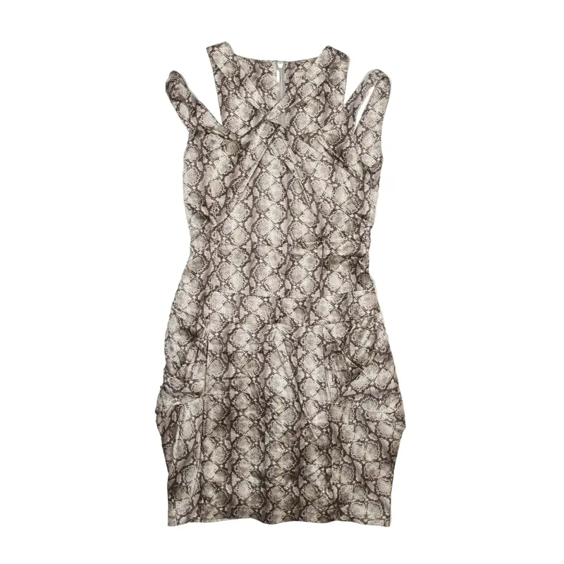 KAREN MILLEN Snake Print Pencil Dress Brown Satin Sleeveless Knee Length Womens UK 6