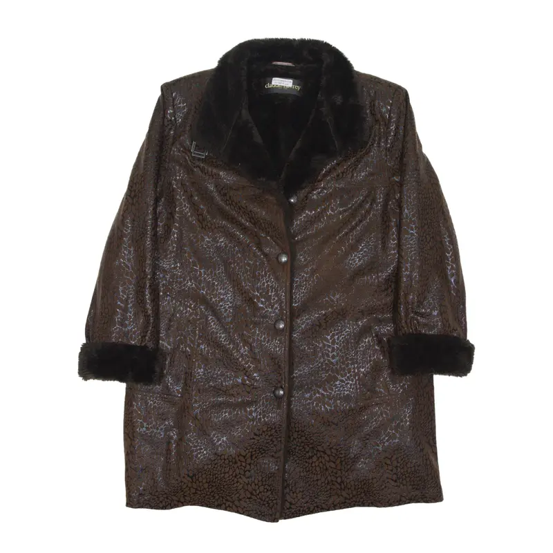 CLAUDE HAVREY Faux Fur Lined Coat Brown 80s Animal Print Womens L